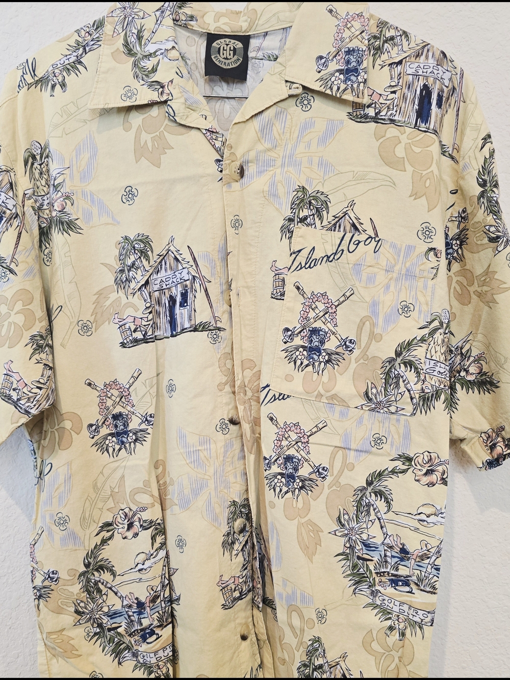 Island Bay Hawaiian Button-Up Shirt in Light Yellow with Navy & Beige Print